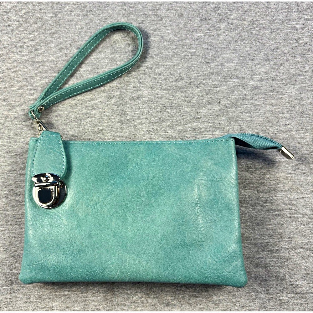 Green Small Wristlet Clutch Zip Closure Detachable Strap Inner Pockets Lined